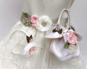 Ensemble 2 pièces bouquetière fille/panier sac à main et serre-tête fleur/cristaux Swarovski/accessoires demoiselle d'honneur/panier perle florale fille d'honneur