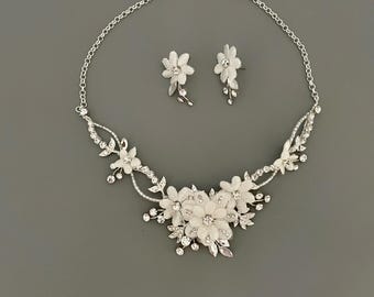 Floral Crystal Bridal Necklace Earring Set: Silver Wedding Jewelry