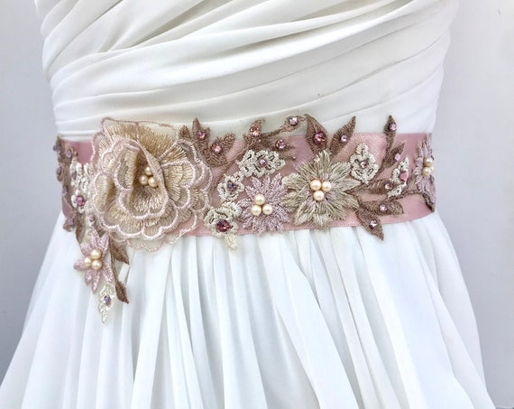 Floral Lace Bridal Sash: Rose Gold Swarovski Crystal Wedding 