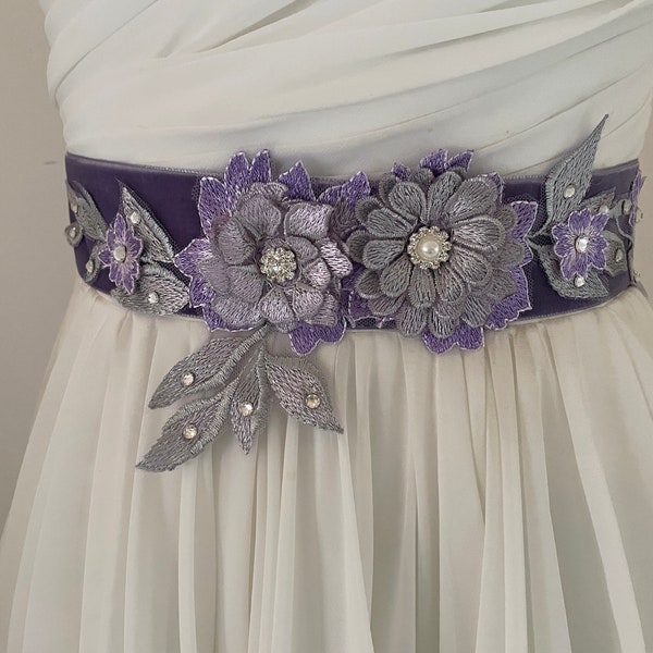 Lavender Velvet Floral Wedding Sash / Swarovski Crystal Wedding Belt / Flower Pearl Wedding Belt /  Wedding Dress Sash / Purple Bridal Belt