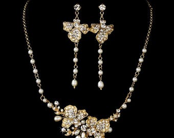Freshwater Pearl Flower Vine Wedding Jewelry Set: Pearl & Crystal Necklace Earrings, Gold