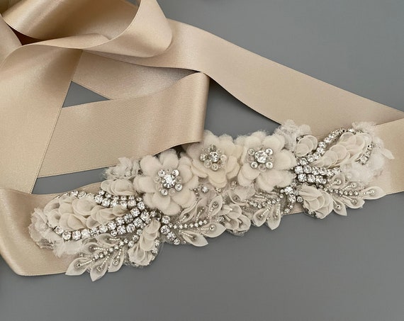 Champagne Crystal Floral Wedding Sash: Beaded Bridal Belt - Etsy
