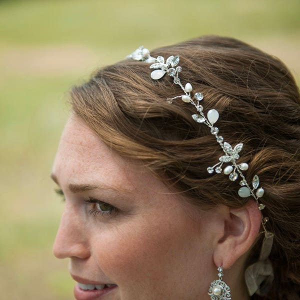 Freshwater Pearl Crystal Opal Wedding Headpiece Hair Vine /  Crystal & Opal Crown / Ribbon Tie Headband /  Bridal Hairpiece / Halo /Wreath