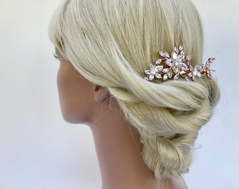 Rose Gold Crystal Floral Bridal Hair Clip Wedding Hair Clip Crystal Flower Leaf Hair Clip Bridal Headpiece Wedding Hairpiece