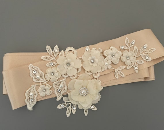 Elegant Ivory  Floral Satin Bridal Sash Belt with Crystal Embellishments Ivory Floral Bridal Belt,Wedding Belt, Girl Sash,Handmade  main image 2