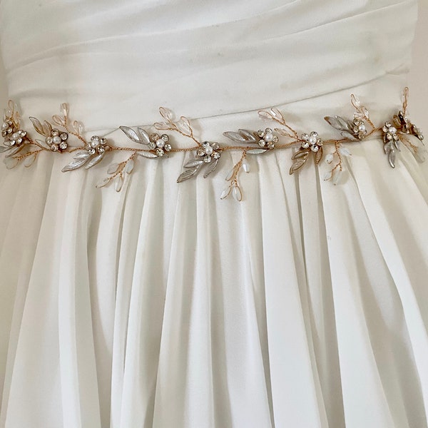 Crystal Vine Wedding Sash /  Long Floral Pearl Bridal Belt / Opal Flower Leaf Wedding Belt  /  Wedding Dress Sash / Boho Floral Bridal Sash
