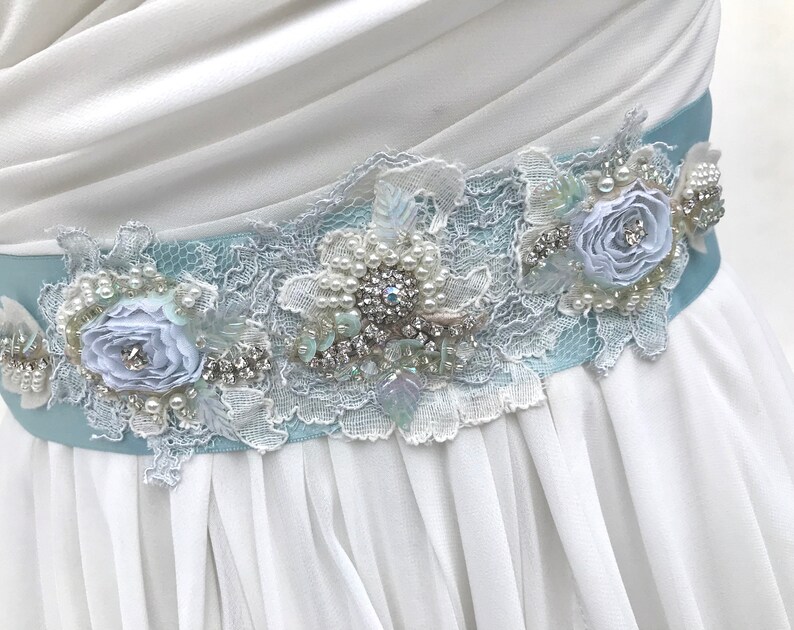 Beaded Lace Bridal Sash / Crystal & Pearl Wedding Sash / Aqua Etsy