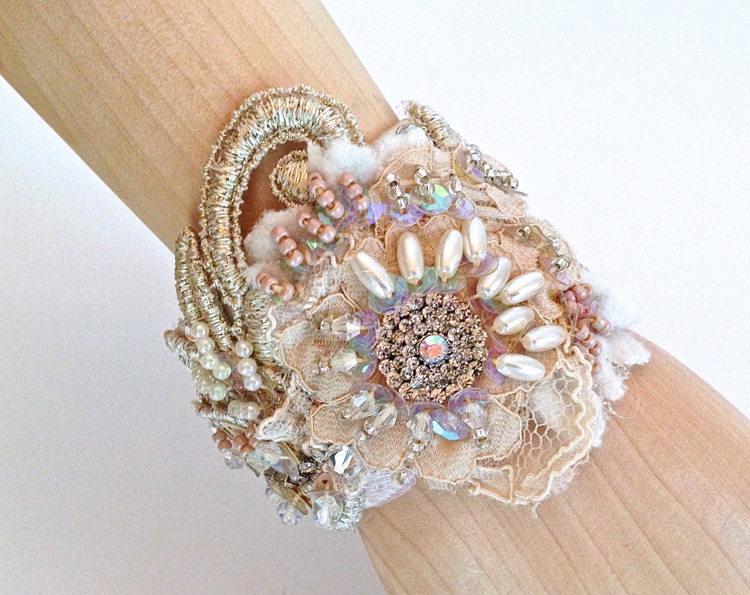 Lace Beaded Bridal Cuff Bracelet In Gold Pale Champagne and Etsy