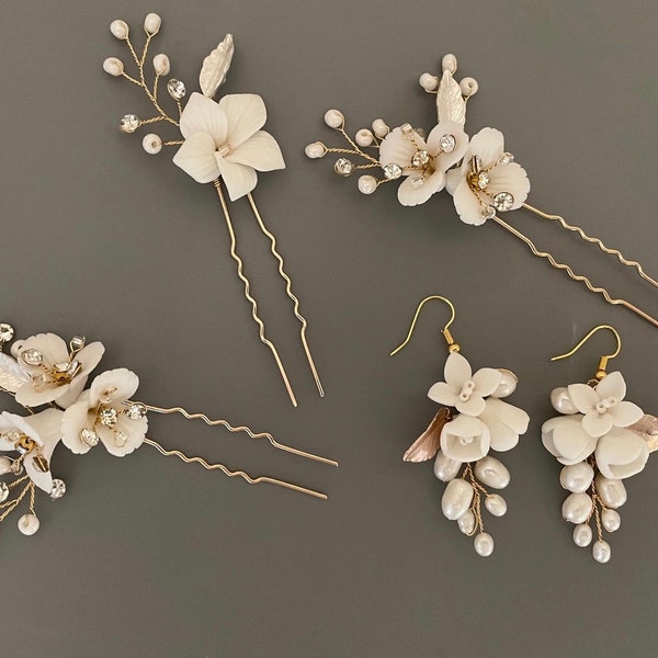 Floral Bridal Earring & Hairpin Set / Freshwater Pearl Hair Pins / Porcelain Flower Earrings / Flower Wedding Jewelry /Floral DangleEarrings