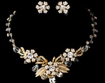 Crystal Bridal Jewelry Set: Floral Wedding Necklace & Earrings, Gold or Silver