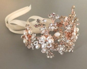 Rose Gold Crystal Pearl Bridal Bracelet / Swarovski Wedding Jewelry / Pearl Wedding Bracelet / Ribbon Cuff Bracelet  / Floral Bracelet