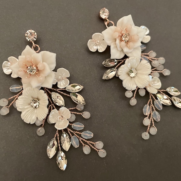 Flower Statement Earrings / Floral Wedding Earrings / Opal Crystal Floral Earrings / Boho Floral Earrings / Ivory Porcelain Dangle Earrings