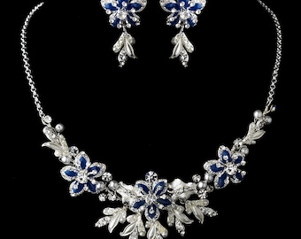 Swarovski Crystal Bridal Jewelry Set: Royal Blue Floral Vine Necklace Earrings