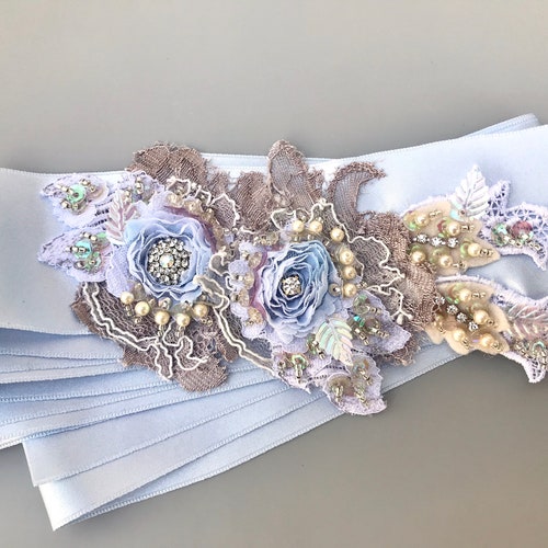 Blue Crystal Lace Wedding Sash / Flower Wedding Belt shops / Blue Bridal Sash / Wedding Dress Sash / Pearl Wedding Sash / Crystal Bridal Belt