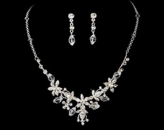 Floral Kristall Braut Schmuck Set: Blumen Hochzeit Kette & Ohrringe, Silber