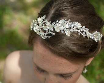 Crystal Bridal Tiara Crown  /Floral Bridal Headpiece / Wedding Crown / Crystal Headband / Bridal Hair Vine /  Champagne Gold /  Silver