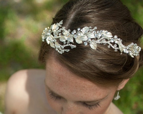 Crystal, floral champagne bridal headpiece Vintage Silver Champagne Crystal Floral Tiara Vine Headpiece  main image 2