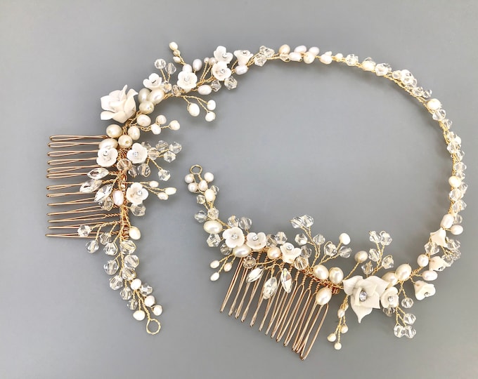 Ceramic Pearl Flower Bridal Crown