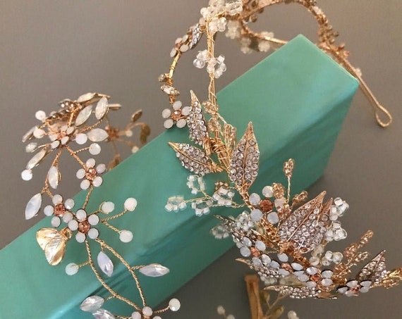 Opal Flower Bridal Sash & Headpiece: Blush Crystal Wedding 
