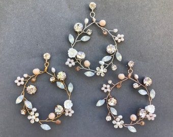 Crystal Flower Hoop Earrings / Boho Bridal Earrings  / Flower Leaf Earrings / Floral Wedding Earrings /  Chandelier Statement Earrings