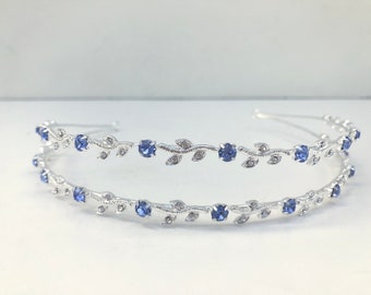 Rhinestone Bridal Double Band Headband /  Blue Crystal Hairvine / Crystal Wedding Vine Headband / Blue Wedding Headpiece /  Silver / Gold