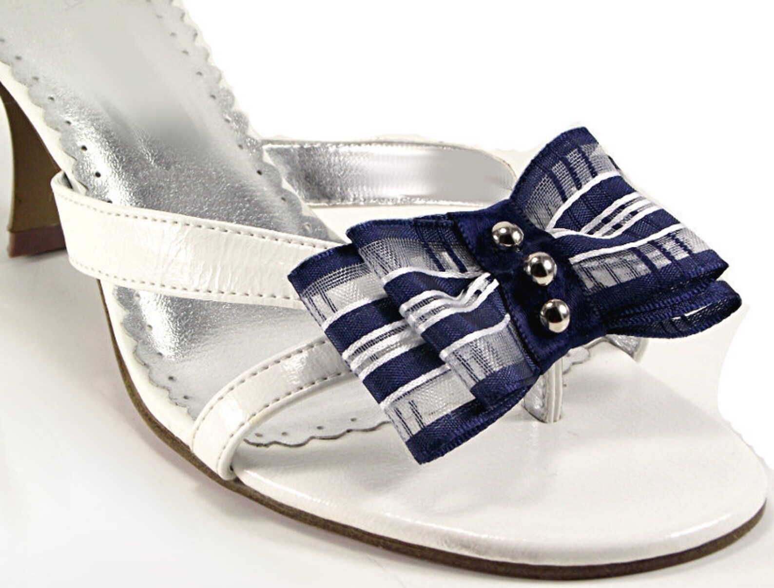 bow shoe clips, striped studded nautical bow shoe clips, navy blue wedding shoe clips, shoe clips for heels ballet flats flip fl