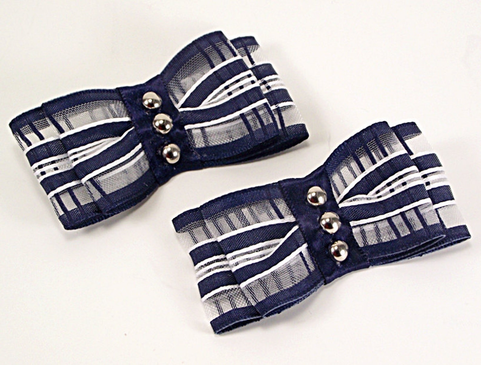 bow shoe clips, striped studded nautical bow shoe clips, navy blue wedding shoe clips, shoe clips for heels ballet flats flip fl