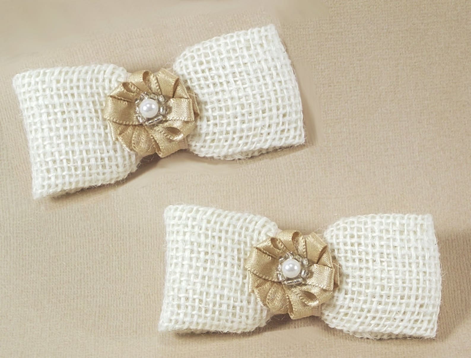cottage chic wedding bow shoe clips, creamy white satin burlap and pearl shoe clips, for high heels sandles & ballet flats