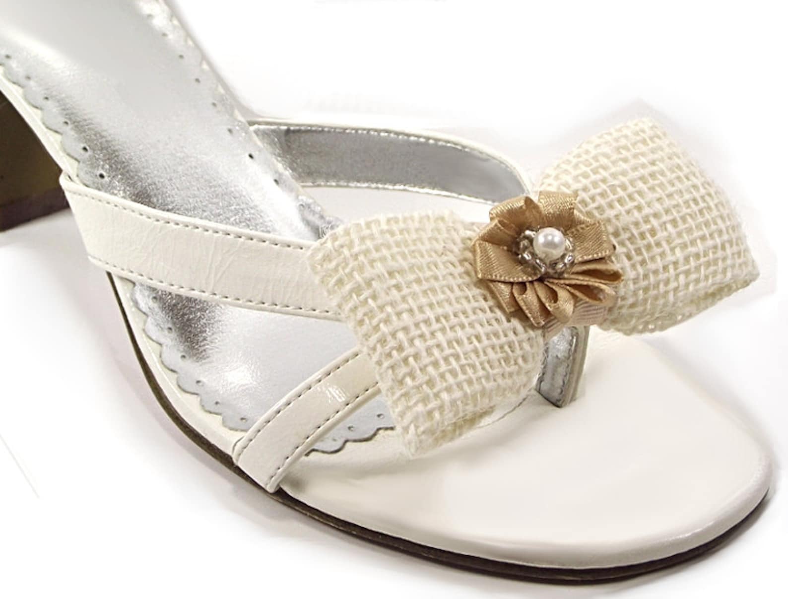 cottage chic wedding bow shoe clips, creamy white satin burlap and pearl shoe clips, for high heels sandles & ballet flats