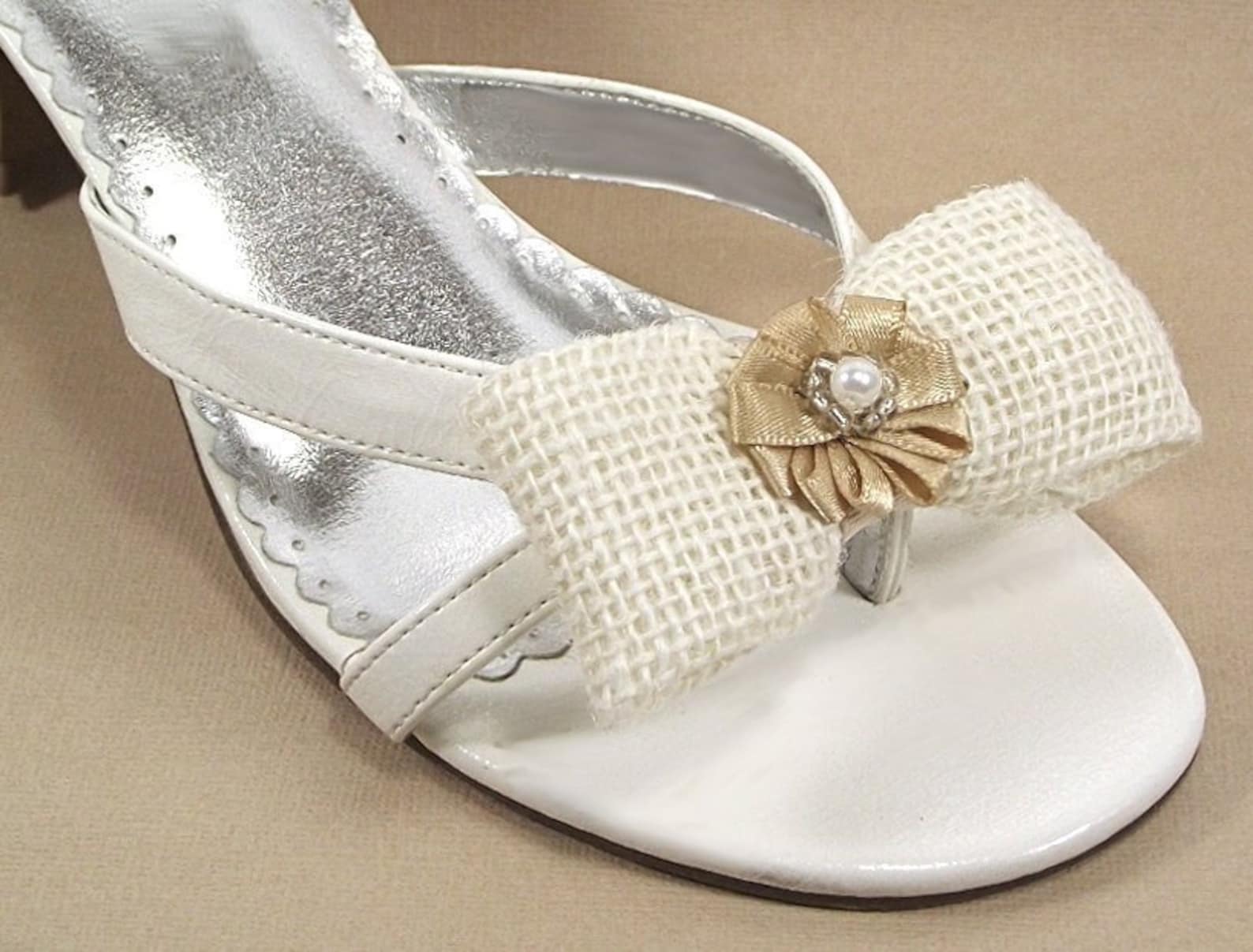 cottage chic wedding bow shoe clips, creamy white satin burlap and pearl shoe clips, for high heels sandles & ballet flats