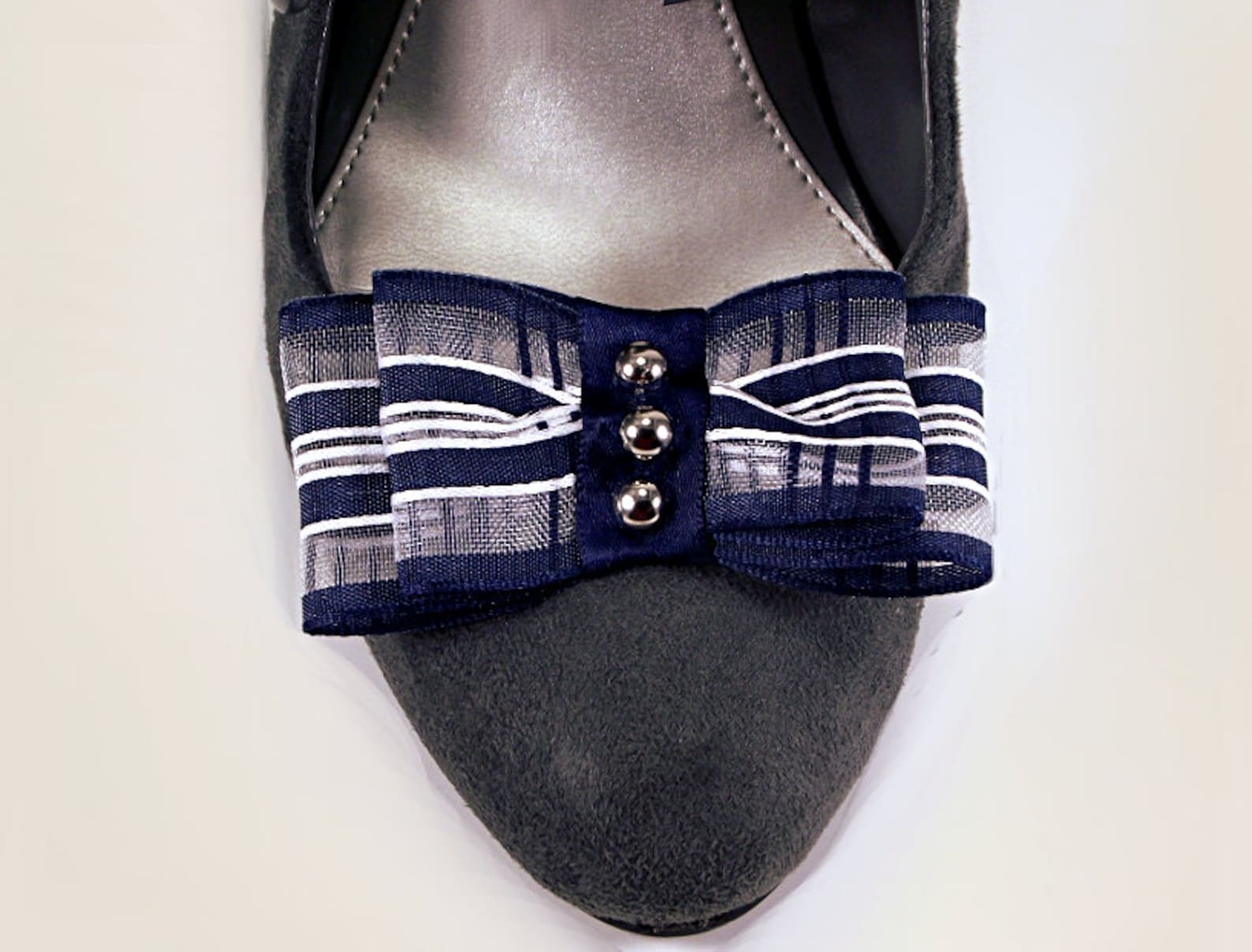 bow shoe clips, striped studded nautical bow shoe clips, navy blue wedding shoe clips, shoe clips for heels ballet flats flip fl