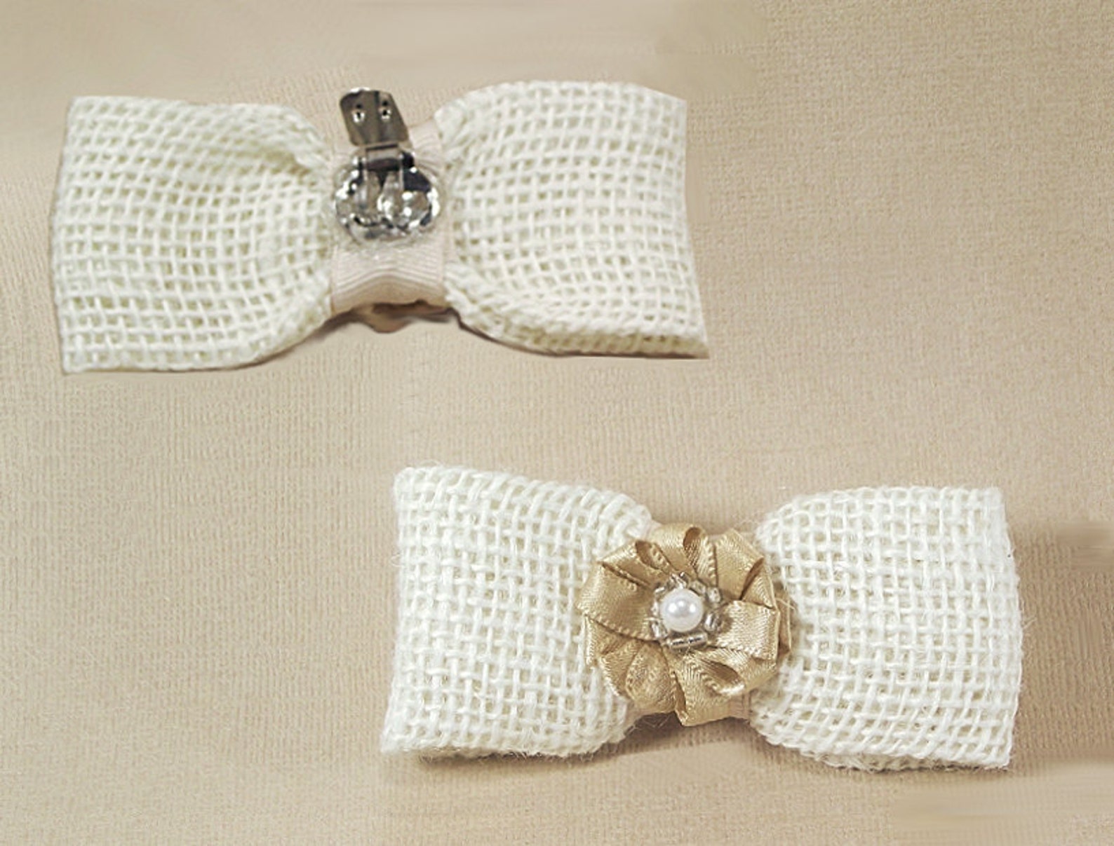 cottage chic wedding bow shoe clips, creamy white satin burlap and pearl shoe clips, for high heels sandles & ballet flats