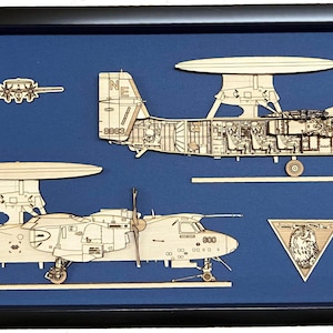May include: A wooden model of a US Navy E-2D Hawkeye aircraft, with a blue background and a plaque that reads "E-2D Hawkeye LTJG Avala "POPPET" Ordile Aug 1993-Oct 1994 ACCLIM".