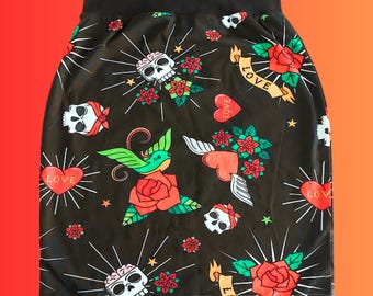 Rockabilly Tattoo Print Pencil Skirt S/UK 8-10: Gothic Pin-Up Alt Fashion