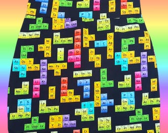 Rainbow Periodic Table Mini Skirt S/UK 8-10: Retro Gaming Geeky Chemistry Fashion