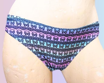 Pastel Skull Print Bikini Bottoms, Gothic Swimwear (XS)