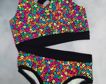 Neon Rainbow Leopard Print Lingerie Set, Handmade Bralette & Briefs XXS-3XL