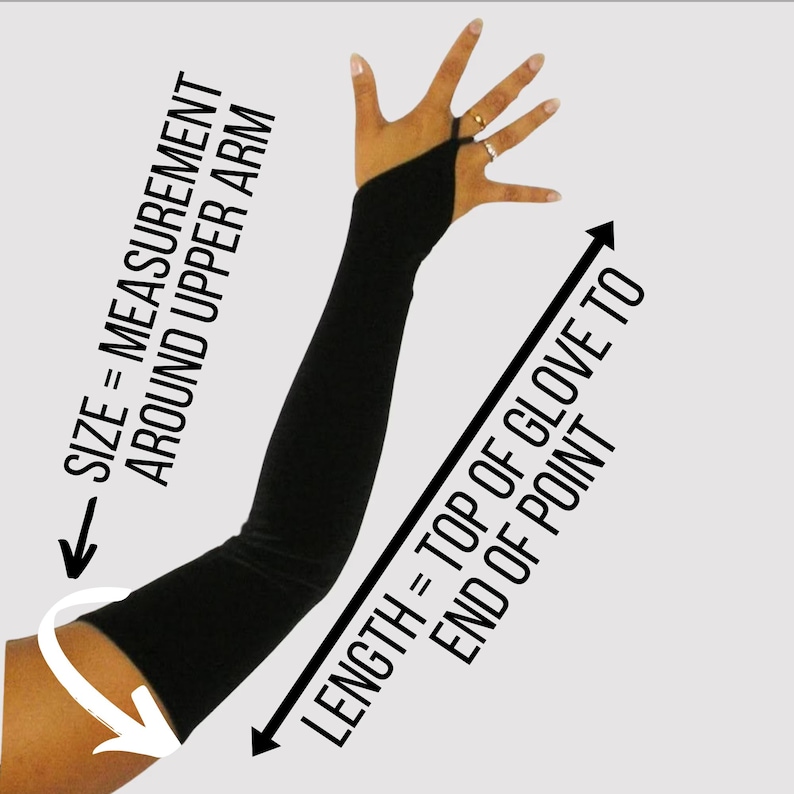 May include: Black elbow-length gloves with a pointed fingertip.  Instructions for measuring the size and length of the gloves are shown.