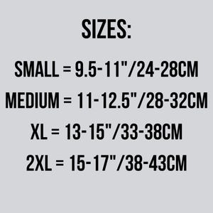 May include: A size chart showing measurements in inches and centimeters for small, medium, XL, and 2XL sizes.