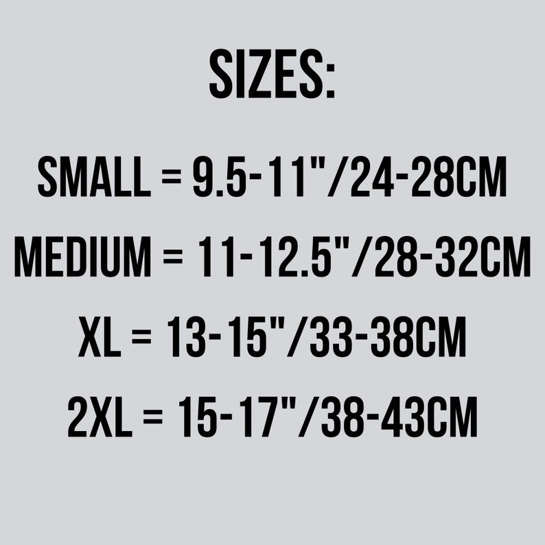 May include: A size chart showing measurements in inches and centimeters for small, medium, XL, and 2XL sizes.