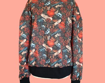 Old School Tattoo Print Boat Neck Sweater M/UK 12-14: Goth Punk Alt Clothing