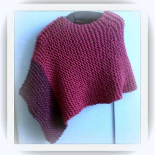 SWEATER WOMANS KNITTED Poncho Color Blocked Asymmetrical Pink Bulky Hand Knitted Acrylic Wool