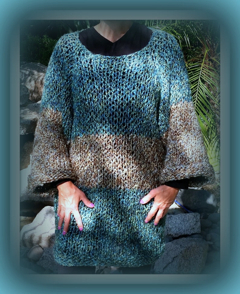 SWEATER WOMENS KNITTED Bulky Pullover Handmade Hand Knit Tunic Oversized Color block Loose Knit Bulky
