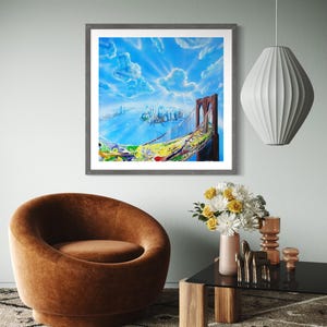 Dipinto del ponte di Brooklyn - Arte acrilica colorata e audace, decorazione da parete con punto di riferimento di New York, tela con paesaggio urbano vibrante, arte urbana moderna per la casa, opera d'arte originale
