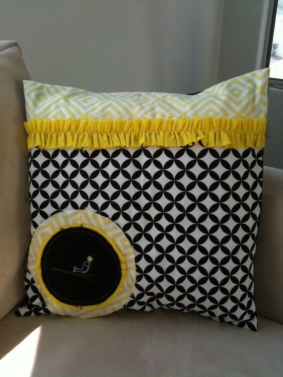 Items similar to Contemporary black/white/yellow pillow with hand embroidered bird on Etsy