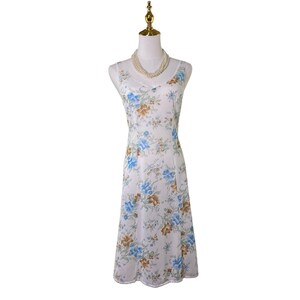 Vintage 60s White & Blue Floral Nylon Lacy Wide Strap Full Slip Dress Size S/M