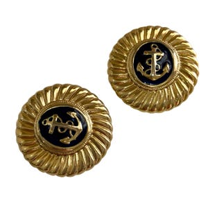 Vintage Nautical Anchor Navy Enamel Gold Tone Round Shoe Clips Purse Clips