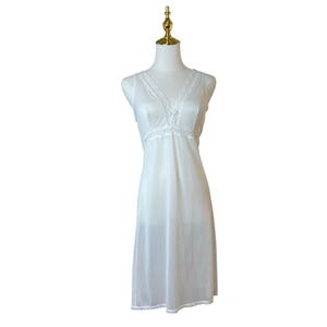 Vintage 60s German MOD Bridal White Nylon Lacy Wide Strap Full Slip Dress Size M