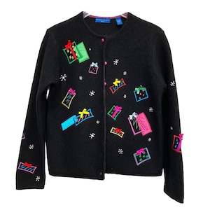 Vintage 90s Karen Scott Sport Christmas Embellished Wool Cardigan Sweater SZ S