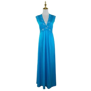 Vintage 70s Boho Henson Kickernick Blue Nylon Lace Maxi Nightgown Women’s Size S